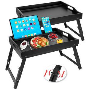 손잡이가 있는 그린리얼 2팩 침대 트레이 테이블 접이식 다리, 미디어 슬롯이 대나무 아침 식사 트레이, 플래터, 노트북 책상, 스낵, TV 주방 서빙 트레이(블랙)로 사용하세요