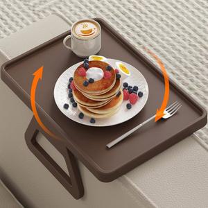 라이프윗 플라스틱 회전 소파 팔걸이 테이블, 스낵/패스트푸드/과일/음료용 조절식 팔 클립 홀더 트레이, 클램프가 강화된 대형 접이식 안정 브라운