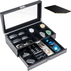 프로케이스 옻칠 마감 원목 남성용 주얼리 박스 6 슬롯 시계 및 선글라스 정리함 유리 상판 수납 서랍이