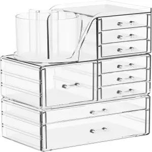 9개의 서랍이 있는 SuOXing 3팩 투명 아크릴 메이크업 정리함 브러시 홀더가 스킨케어 화장실 서랍 보관함