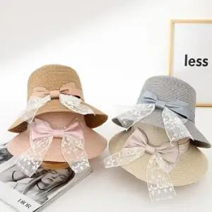 준캡 봄 여름 가을 쉬폰투톤리본 밀짚모자 햇빛 자외선차단 여성 여자 모자 버킷햇 밀짚모자