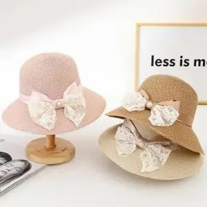 준캡 봄 여름 가을 진주레이스리본 밀짚모자 햇빛 자외선차단 여성 여자 모자 버킷햇 밀짚모자