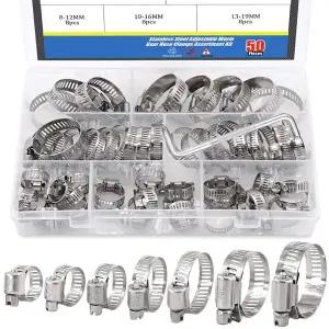호환  50개 8-38mm 304 스테인리스 스틸 조절식 웜 기어 호스 클램프 세트 금속 연료 라인 클램프 배관용