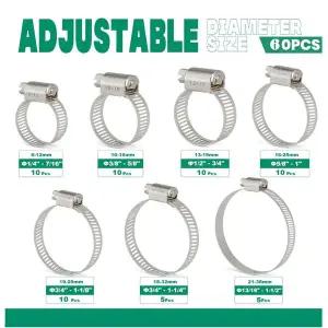 호환  60개 304 스테인리스 스틸 미국식 호스 클램프 모음 키트 6-38mm 조절 가능 자동차 연료 파이프 클램