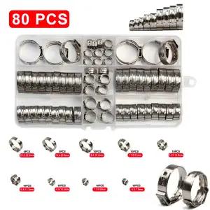 호환  80개 304 스테인리스 스틸 싱글 이어 호스 스텝리스 클램프 모음 키트 5.8-23.5mm 웜 드라이브 연료
