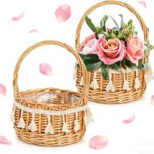 WRINGKIT 2팩 플라워 걸 바구니 실크 꽃잎이 있는 작은 위커 화이트 리본 플라스틱 라이너 결혼식 장식용