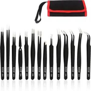 헝톈메이 정밀 핀셋 세트 공예 보석 전자제품 실험실 작업용 ESD 정전기 방지 스테인리스 스틸 (14 PCS)
