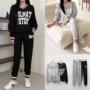 러브포텐 여성 오버핏 트레이닝세트 긴팔맨투맨 조거팬츠 빅사이즈 브이넥 긴팔티 봄 가을 츄리닝 세트