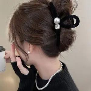 여성 시크한 벨벳 고급 진주 큐빅 올림머리 머리핀 집게핀 바나나핀
