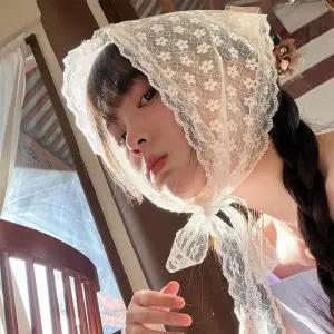 레이스헤어스카프 꽃무늬머리수건 여성두건 얼굴가리개 빈티지헤드랩