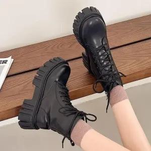여성 지퍼 US506 빅사이즈 워커 통굽 레이스업 레더
