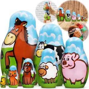 AEVVV 농장 동물 세트 7개 나무 둥지 인형 - 반려동물 피규어 마트료시카 스태킹 템