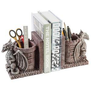 Bookends 드래곤, 가드 캐슬 레진 장식 북엔드, 연필 홀더 포함, 가정 및 사무실용 판타지 테마