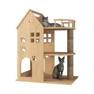 강아지철장 대형 원목 디럭스 계단 안전문 캣타워 나무 2단