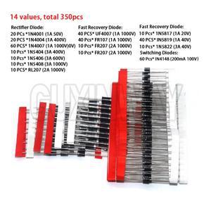 350피스 다이오드 키트 1N4001 1N4148 RL207 UF4007 FR107 14 값 정류기/ 복구/숏키/스위칭 세트