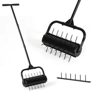 SMONTER 수동 잔디 에어레이터 야드 가든용 17인치 헤비 듀티 롤링 도구 스파이크 토양 침투기가 있는