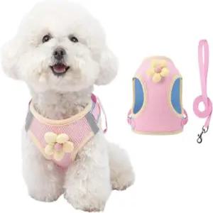 어울리는 목줄이 있는 플로럴 메쉬 개 하네스 가벼운 애완동물 조끼 중소형 고양이와 반려견이