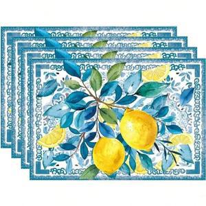 4개입 수채화 블루 플라워 레몬 바인 여름 린넨 플레이스매트   식탁 장식 웨딩 파티 홈 모임용