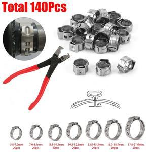 140pcs 단일 귀 무단계 호스 클램프 + 1PC 클립 플라이어 5.8-21.0mm 304 스테인레스 스틸 신치 링