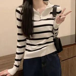 여성 데일리 반직업 줄무늬 단가라 지퍼 티셔츠 기본티 크롭티 빅사이즈 여름 긴팔티