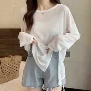 여성 얇은 루즈핏 스타일 옆트임 포인트 긴팔 티셔츠 기본티 크롭티 빅사이즈 여름 긴팔티