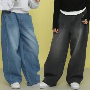 [모데쯔]주니어 10대 봄 오버핏 사이드 워싱 데님 와이드 바지 10대 등교 초등학생