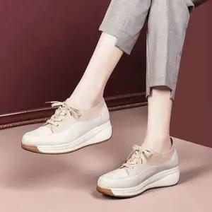 피카소 발편한 여성용 수제 소가죽 끈 배색 키높이 운동화 컴포트화