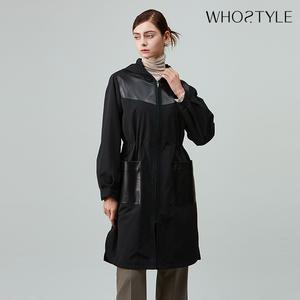 후스타일 여성 레더 믹스 후드 롱 집업 코트 블랙