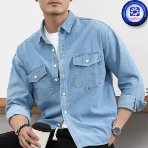 남성 봄가을 WASHED 워시드 디스트레스 레트로 포켓덮개 긴팔 데님 셔츠 청남방 2칼라 /2