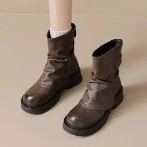 피카소 폭신 발현한 여성용 커버 셔링 통굽 미들 부츠