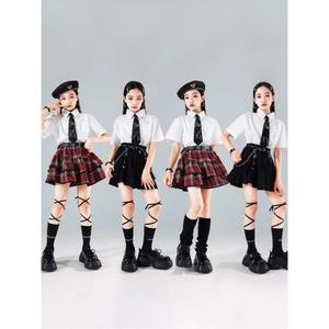 교복 방송 댄스복 아동 댄스의상 걸스힙합 체크 초등학생 넥