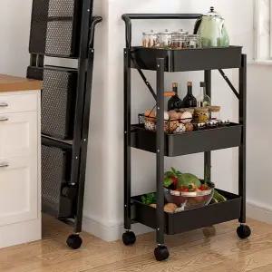 주방 이동식 선반 핸들형 폴딩 주방용 접이식 트롤리 수납 진열대 수납장 다용도 바퀴형 욕실 3단 메쉬