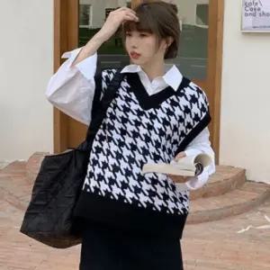 봄 가을 여성 하운드 체크 포인트 브이넥 조끼 베스트