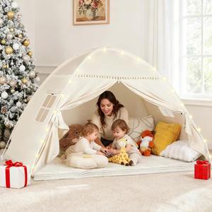 JIANGCHA 플레이하우스용 트윈 이층 침대 텐트 캐노피, 실내 휴대용 접이식 프라이버시 쉘터, 통기성 있는 별이 빛나는 캐노피 포함, 여아 및 남아 침실용 (트윈 베이지)