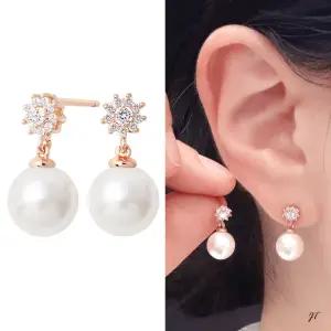 14K 골드필드 핀 큐빅 꽃 진주 드롭 하객 결혼식 귀걸이