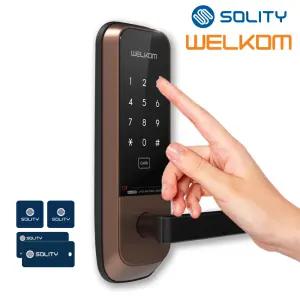 솔리티 웰콤 목문용 WL-205 카드키4개+번호키 무타공도어록 백세트조절가능 무음모드 비상전원 방문손잡이 사무실 병원 연구실 나무문 판넬문 샷시문 패션문 현관문 디지털도어락