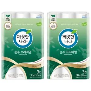 깨끗한나라 순수 프리미엄 화장지 30롤 3겹 30m, 2팩