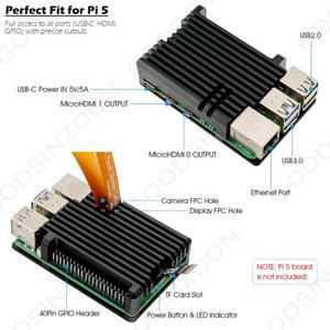 호환 라즈베리 파이 5 알루미늄 아머 케이스 - 열 테이프GPIO 헤더 수동 냉각 방열판 쉘 (Pi 4GB/8GB 미포