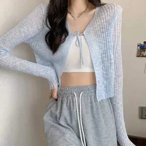 여자 IP70TM84 대학생 여름 캠퍼스 룩 리본 시스루 가디건 코디