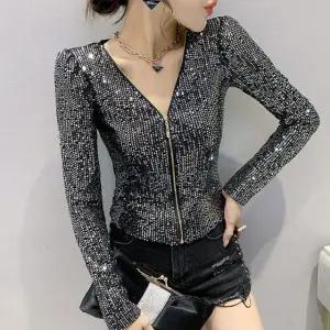 화려한 댄스복 상의 무대의상 겨울 라인 스팽글 퓨어화이트 M