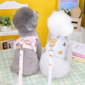 리드줄세트 왕리본 통기성 메쉬 단추 D링 산책 강아지 고양이 하네스옷 옷 애완 고양이