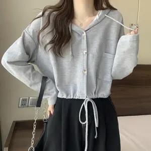 캐주얼룩 가디건 크롭 후드 여성 카디건 인기 티 패션 룩 교복 여자 아우터 여성 집업 후드 데일리