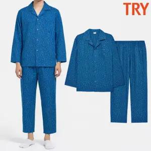 트라이 남자잠옷 블루 카라 60수 주자직 순면 긴팔 파자마 상하 홈웨어 세트