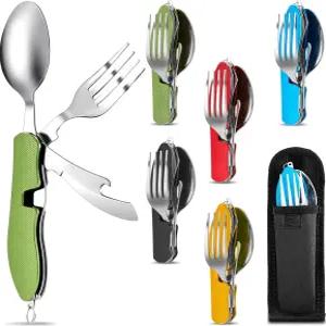 접이식 캠핑 도구 식기 세트 4-in-1 스테인리스 스틸 스푼 포크 나이프 병따개 분리형 포켓 키트 백팩