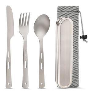 케이스 포함 주미즈 퓨어 티타늄 여행 도구, 초경량 Ti 휴대용 챔핑 필수 식기 세트, 나이프 포크 스푼 재사용 가능한 플랫웨어 캠핑 피크닉 야외 하이킹, 남성용 도시락