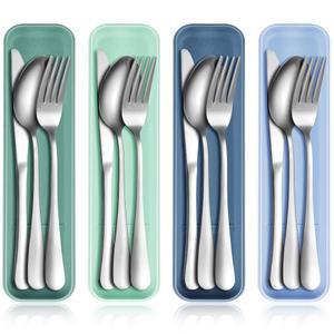 케이스 재사용 가능한 스테인리스 스틸 실버웨어 플랫웨어 캠핑 식기 세트 Yinkin 4팩 휴대용 여행 도구 직장용 식기세척기용 포크 스푼 나이프(블루 컬러 시리즈) 포함
