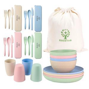 에코스타 밀짚 식기 세트 깨지지 않는 접시 그릇과 컵 재사용 가능한 식기세척기 전자레인지 안전 세트(클래식)