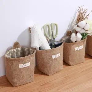 린넨 수납 바구니 걸이형 벽걸이 수납 바구니 스트라이프 도트