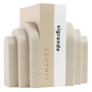 선반용 린촨 헤비 듀티 북엔드, 무거운 책용 6.6파운드 가짜 사암 룩으로 장식용 모던 책장 홀더용 레이어드 아치 북 스토퍼 2종 세트, 베이지