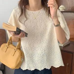 은창플라워 자수 밑단 라인 러블리 블라우스 티셔츠 봄 여름 상의 여름 퍼프 반팔 상의 티셔츠 셔츠